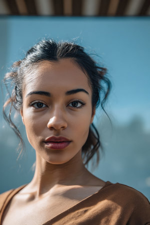 A young woman gazes directly at the camera, her hair styled casually. The sunlight creates a warm ambiance, showcasing her natural features and the blue sky behind her.の素材