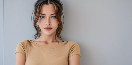 A young woman with brown hair and striking blue eyes stands confidently against a smooth gray wall. She wears a fitted beige shirt and shows a calm expression.の素材