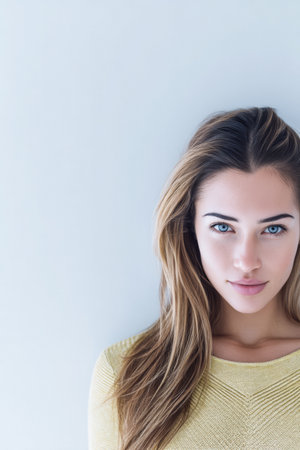 A young woman with long hair and striking blue eyes stands confidently, wearing a yellow sweater. The neutral background creates a calm atmosphere, highlighting her features and expression.の素材