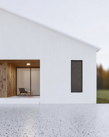 A contemporary house showcases a white exterior with wooden accents and large windows. The welcoming porch features comfortable chairs, surrounded by lush greenery in soft evening light.の素材