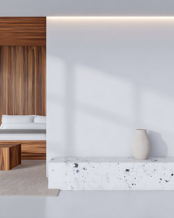 A stylish modern living room features a smooth concrete bench and a simple vase. The warm wooden accents and soft lighting create a tranquil and inviting space for relaxation.の素材