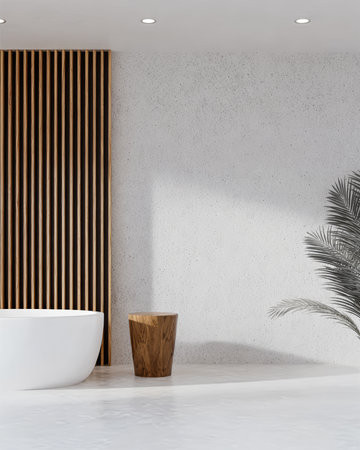 Bright and airy bathroom showcases a white bathtub, a wooden stool, and a textured wall. Natural light enhances the serene atmosphere, creating a calming space for relaxation.の素材