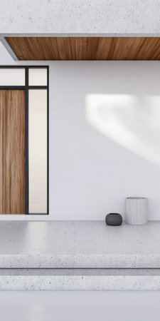 A serene entrance showcases a sleek wooden door framed by large glass panels. Minimalist decor features concrete surfaces and simple planters, highlighting a contemporary design.の素材