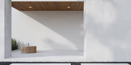 A clean, minimalist outdoor area featuring a wooden table under a sleek roof. Sunlight casts shadows on the white walls and smooth floor, creating a serene atmosphere.の素材