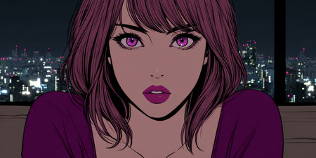 A young woman with striking purple eyes and short pink hair sits in a modern apartment, looking contemplatively at the vibrant city lights outside at night.の素材