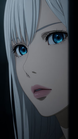 A young woman with silver hair and vibrant blue eyes is seen peering through a doorway. The soft lighting highlights her thoughtful expression, creating a mysterious atmosphere.の素材
