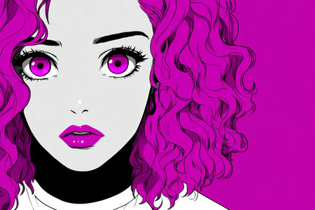 A girl stands with an expressive gaze, showcasing her curly pink hair and vivid purple eyes. The bold background enhances the overall visual impact of her distinct look.の素材