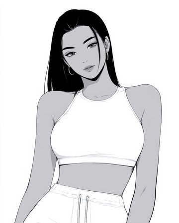 A young woman is posing confidently in a sporty outfit featuring a cropped top and comfortable pants. Her long hair falls gracefully, creating a relaxed yet stylish look.の素材