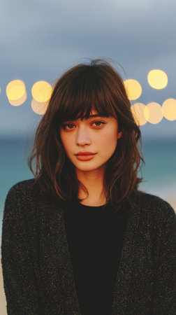 A young woman with dark hair and bangs poses on the beach during dusk. Warm lights shine softly behind her, creating a serene atmosphere by the water.の素材