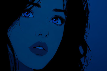 A young woman looks up with a contemplative expression. Soft blue hues illuminate her face, creating a tranquil and dreamy atmosphere. Her long, dark hair contrasts with the blue background.の素材
