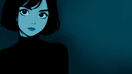 A young woman with short black hair gazes directly at the viewer in a striking blue-toned artistic portrait. The backdrop enhances her contemplative expression and highlights her features.の素材