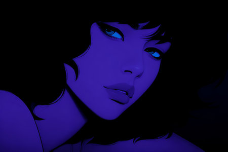 A close-up view of a woman with captivating features and dark hair, illuminated by a vibrant purple light against a deep black background, creating a futuristic vibe.の素材