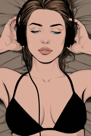 A young woman relaxes on her back, listening to music with headphones on. She is dressed in a black bikini top and has a calm expression, surrounded by soft bedding.の素材