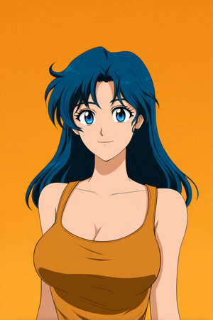 A young woman stands smiling, showcasing her long blue hair and bright blue eyes. She wears a simple brown tank top. The lively orange background adds warmth to the scene.の素材