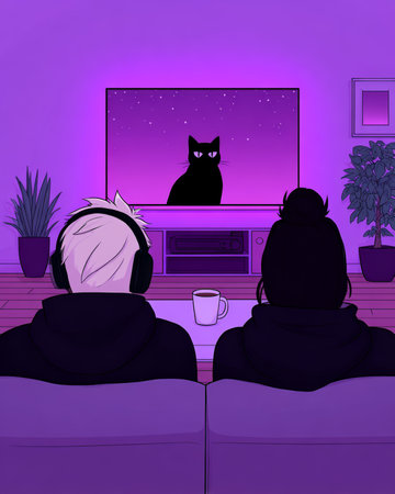 Two people relax on a couch, enjoying a show featuring a cat on screen. The room glows purple, creating a calming atmosphere while plants add a touch of nature.の素材