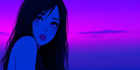 A young woman with long, dark hair gazes thoughtfully at the horizon. The sky is illuminated in vibrant shades of purple and blue, creating a tranquil evening atmosphere.の素材