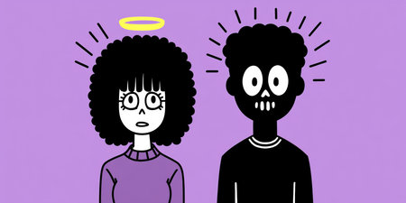 Two cartoon characters display contrasting vibes on a purple backdrop. One has a halo and curly hair, while the other has a skull-like face and wild hair, conveying different personalities.の素材
