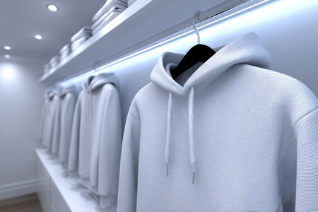 A collection of neatly arranged white hoodies hangs on a shelf in a contemporary clothing store, showcasing a clean and minimalist aesthetic. Bright lights enhance the look.の素材