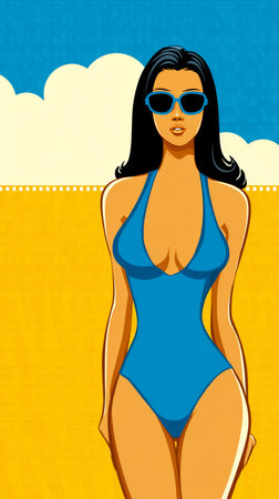 A fashionable woman stands confidently at the beach wearing a blue swimsuit and sunglasses. The vibrant colors of the background enhance the carefree vibe of summer fun.の素材