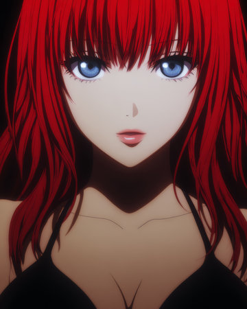 A character with bright red hair and captivating blue eyes gazes directly at the viewer. The dark background creates a dramatic contrast, emphasizing her features and expression.の素材