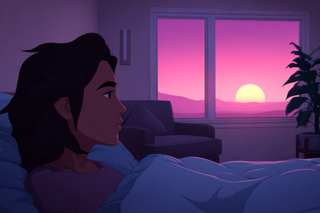 A person lies in bed, gazing out a window at a vibrant pink and orange sunset. The cozy bedroom setting invites thoughts and reflection as day turns to night.の素材
