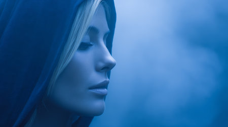 A woman wearing a blue hoodie stands quietly with her profile visible, surrounded by misty fog. The twilight setting creates a serene and mysterious mood.の素材
