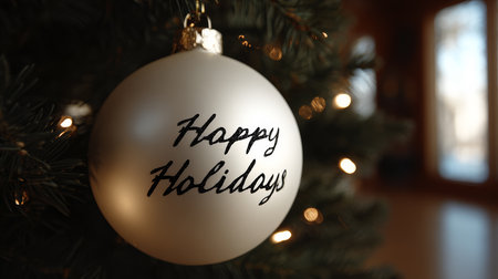 A silver ornament with the words Happy Holidays is beautifully displayed on a decorated Christmas tree, surrounded by soft lights and a cozy indoor setting.の素材