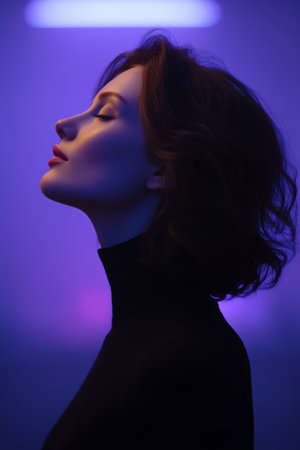 A woman with short, dark hair stands in profile against a backdrop of soft purple lights. She appears calm and thoughtful, lost in her own world. The mood is tranquil and reflective.の素材