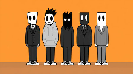 Five unique cartoon characters with various masks stand side by side. They wear suits and sneakers, showcasing a blend of styles against a bright orange backdrop.の素材