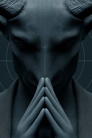 A mysterious figure with horns stands in deep thought, hands clasped together in front of a dark, minimalist backdrop, evoking a sense of intrigue and contemplation.の素材