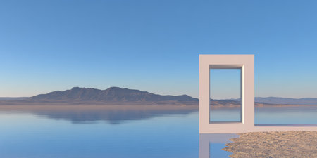 A striking white doorway frames a serene view over the still water, reflecting a mountain range under a bright blue sky. This scene captures tranquility and isolation.の素材
