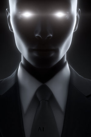 A dark figure stands confidently in a suit, illuminated by a faint light that reveals glowing eyes. The background is shadowy, adding to the enigmatic atmosphere of the scene.の素材