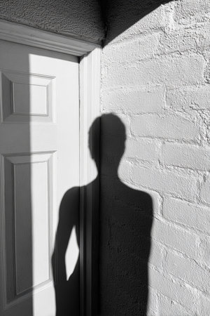 A distinct shadow of a person stands against a textured wall beside a door. The sunlight creates sharp lines, emphasizing the silhouette. The setting evokes a mysterious feeling.の素材