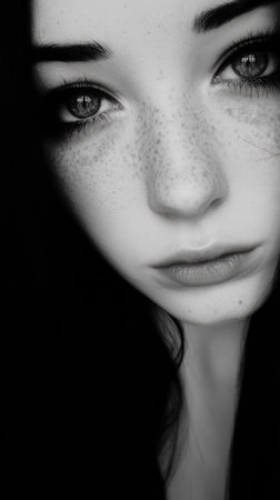 A young woman looks directly at the camera with captivating eyes and light freckles on her face. The soft black and white tones enhance the mood, creating an intimate atmosphere.の素材