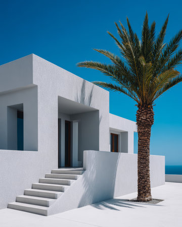 A contemporary white villa stands against a clear blue sky, complemented by a tall palm tree. The sleek design features stairs leading to an entrance, offering a stunning sea view.の素材