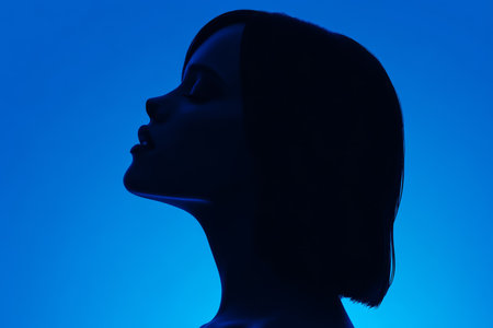 A dancer's silhouette is displayed prominently against a vibrant blue background. The dancer holds a poised position, highlighting the beauty of movement and grace during an evening event.の素材