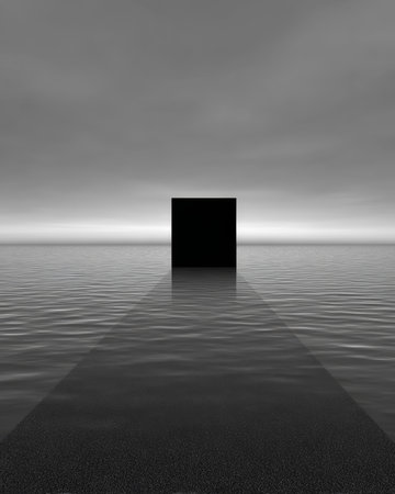 A dark cube emerges from tranquil water, reflecting the muted light of a cloudy twilight sky. The scene evokes a sense of mystery and calm as nature encloses the structure.の素材