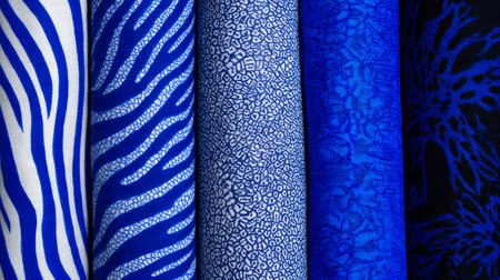 Bright blue fabrics featuring different textures and designs are neatly rolled and displayed in a textile shop. Each piece showcases unique patterns, including stripes and abstract designs.の素材