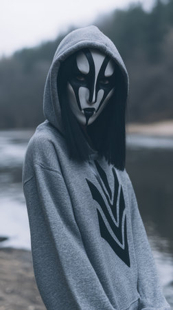 A person with bold face paint and a hooded sweatshirt poses near a calm river. The forested landscape adds to the eerie atmosphere on a cloudy day.の素材