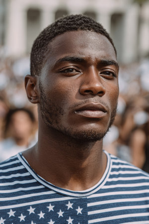 A young man in a striped shirt looks confidently into the distance, with a large crowd blurred behind him at a sunny outdoor gathering. His serious expression reflects focus and determination.の素材