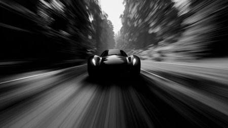 A stylish sports car races down a winding road surrounded by dense trees, creating a dynamic sense of speed and power in black and white tones.の素材