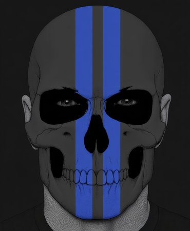 A detailed skull illustration features bold blue stripes on a black background. The artwork combines dark elements with striking colors, creating a unique and eye-catching visual.の素材