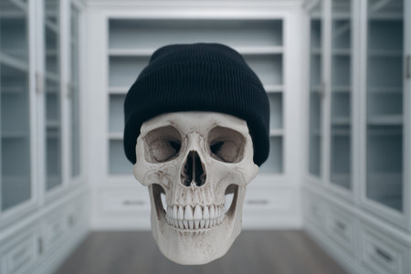 A skull is positioned in the center of a minimally furnished room. The skull is wearing a simple black beanie, creating an interesting contrast with the empty shelves behind it.の素材