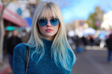 A young woman stands confidently in a vibrant outdoor market. She has long blonde hair with blue tips and wears stylish blue sunglasses. The market is lively with people shopping.の素材