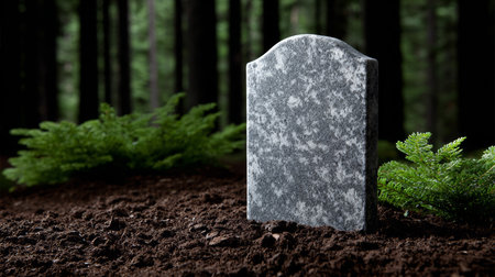 A simple gravestone stands upright in a peaceful forest. Surrounded by lush green ferns and dark soil, it evokes a sense of tranquility and remembrance.の素材