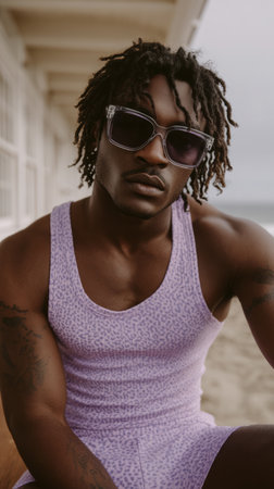 A confident man sits on a sandy beach, wearing stylish sunglasses and a light purple outfit. The ocean is visible behind him, creating a relaxed, coastal atmosphere.の素材