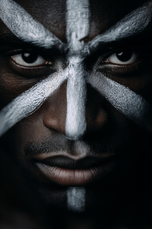 A person with intricate face paint stands against a dark background, showcasing bold white patterns that create a captivating visual. The expression is intense, drawing focus to the artistry.の素材