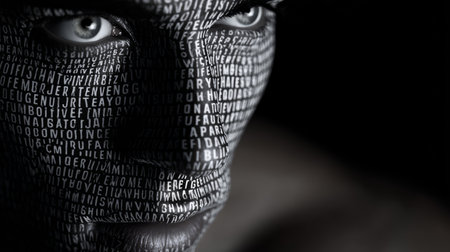 A person gazes forward with intense eyes, their face intricately patterned with letters. The dramatic shadows add depth, highlighting the unique visual art of text on skin.の素材