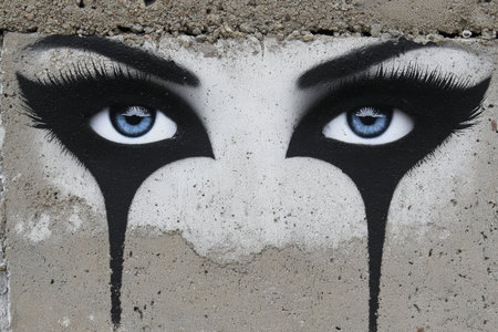 An expressive mural showcases a pair of captivating blue eyes with black tear-like markings on a concrete wall. The striking contrast draws attention to the artwork's emotional depth.の素材