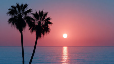 A serene sunset lights up the ocean, with a bright sun reflecting on the water. Tall palm trees stand prominently, creating a peaceful atmosphere in the evening sky.の素材